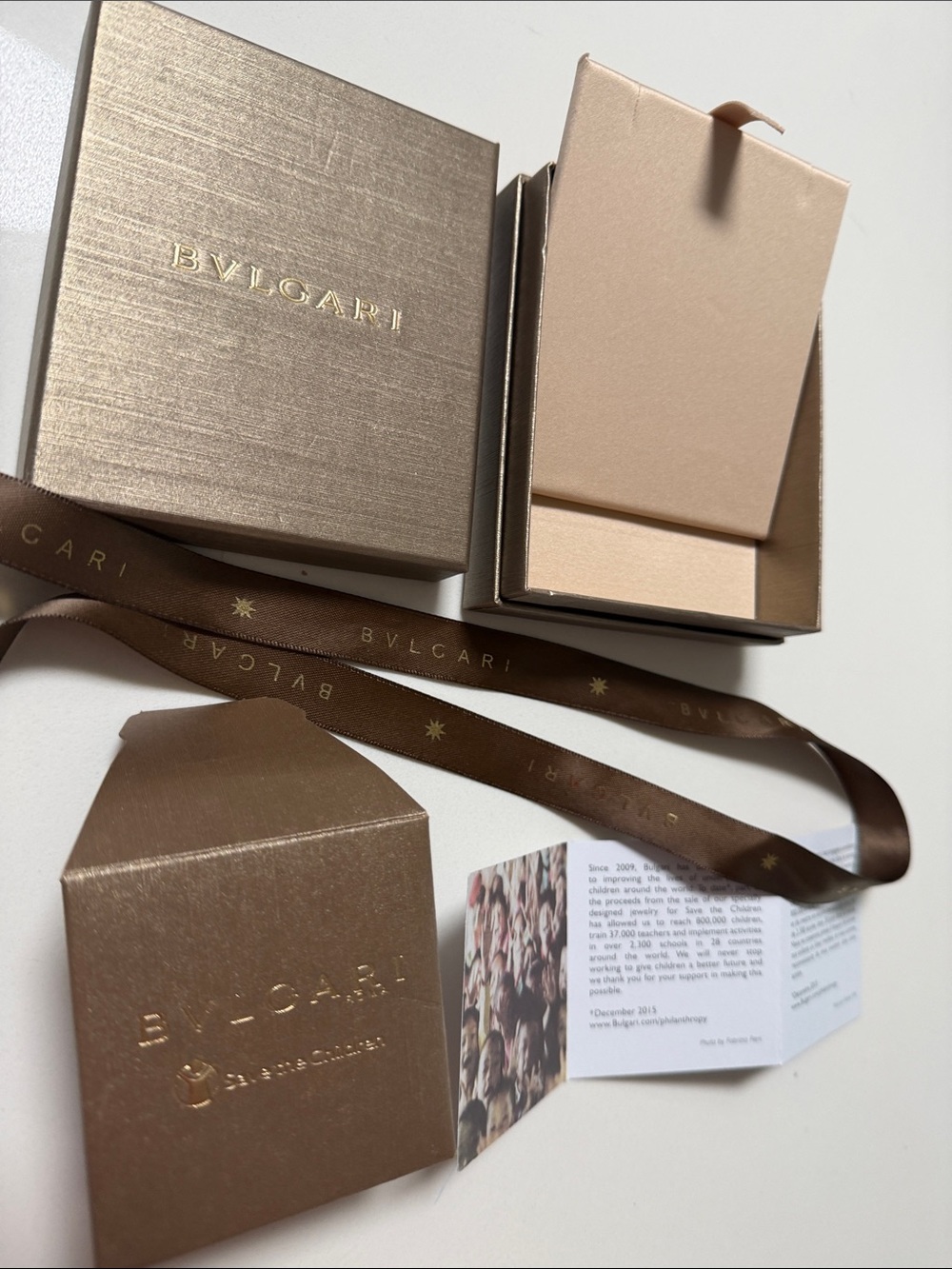 BVLGARI Rose Gold Jewelry Box with Ribbon/ save the children card and envelope